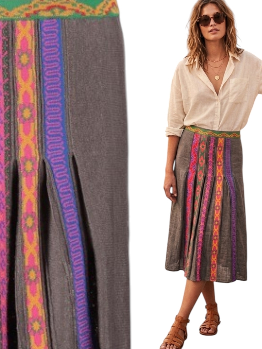 Unique IVKO Linen Brown A-Line Maxi Skirt with Multicolor Embroidered Panels M